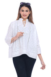 Women's White Printed Top with Tie-Up Neck and Pintuck Details
