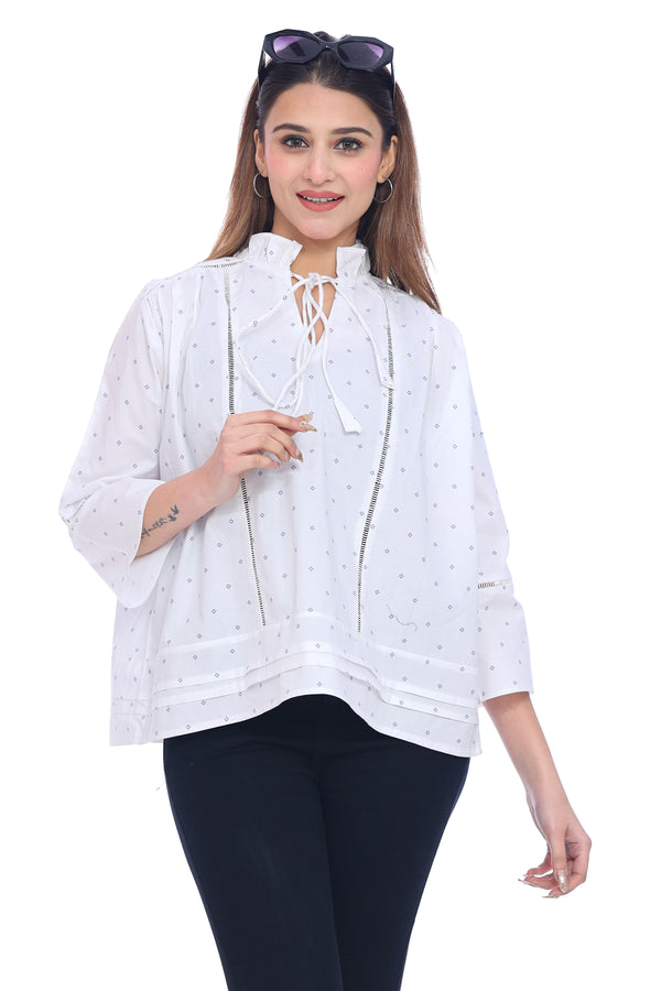 Women's White Printed Top with Tie-Up Neck and Pintuck Details