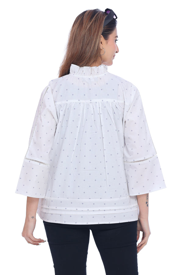 Women's White Printed Top with Tie-Up Neck and Pintuck Details