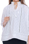 Women's White Printed Top with Tie-Up Neck and Pintuck Details