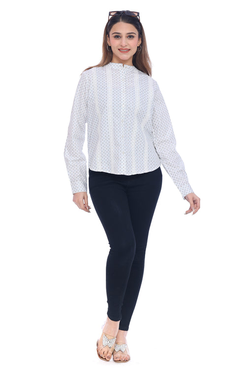 Women's White Printed Cotton Shirt