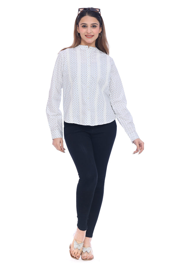 Women's White Printed Cotton Shirt