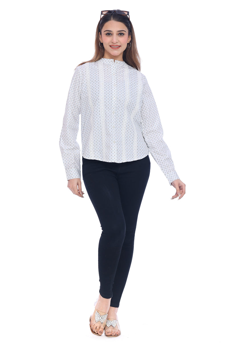 Women's White Printed Cotton Shirt
