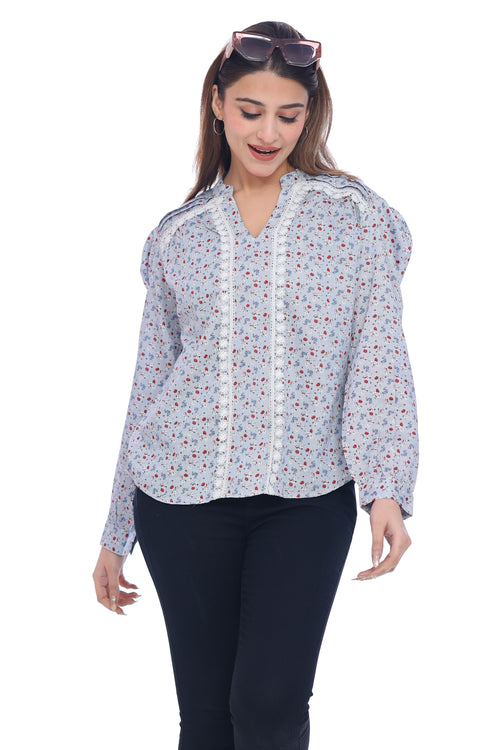 Women's Light Blue Floral Printed Lace Detail Top