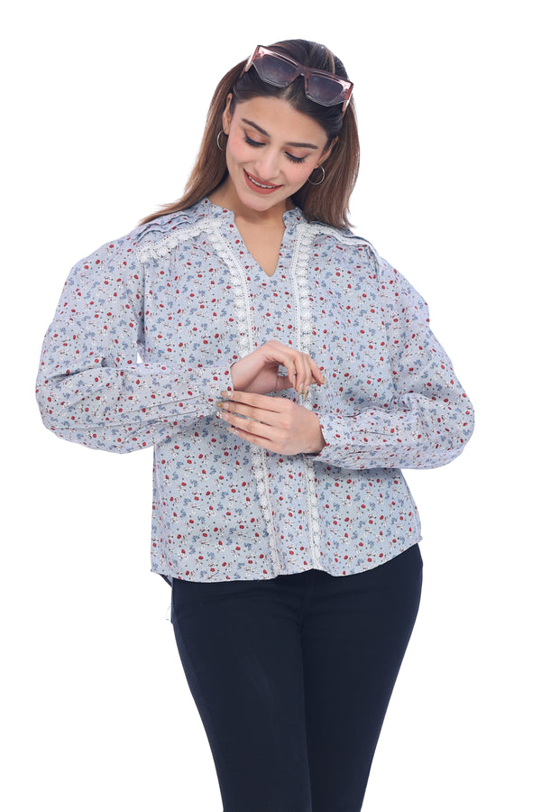Women's Light Blue Floral Printed Lace Detail Top