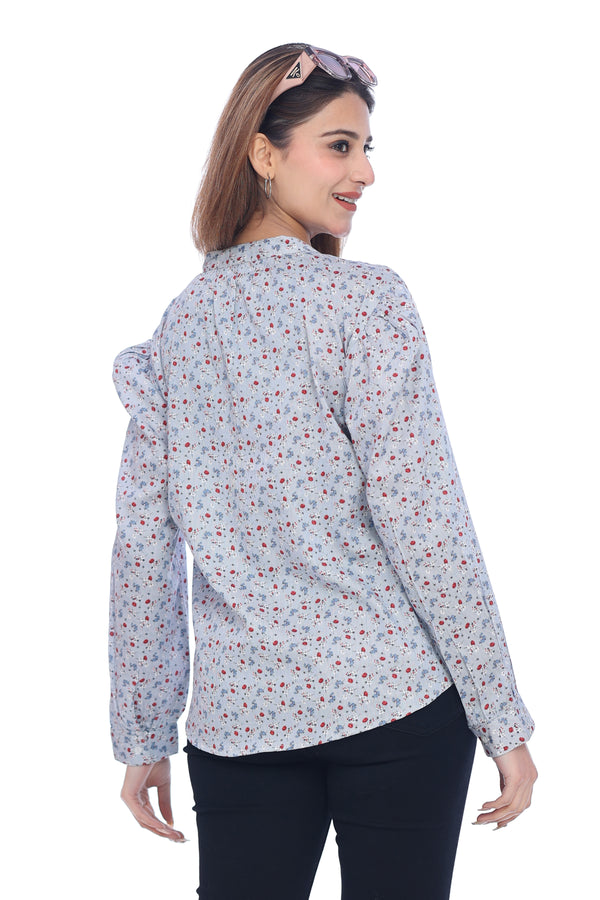 Women's Light Blue Floral Printed Lace Detail Top