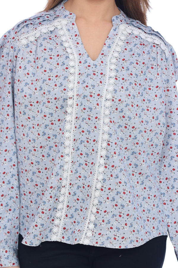Women's Light Blue Floral Printed Lace Detail Top