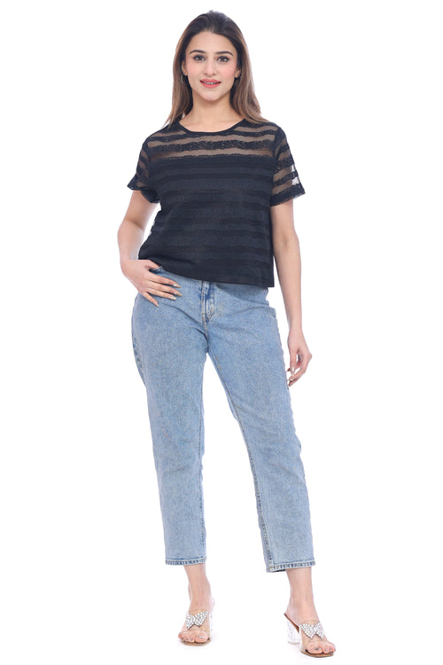Women's Black Sheer Striped Embellished Top