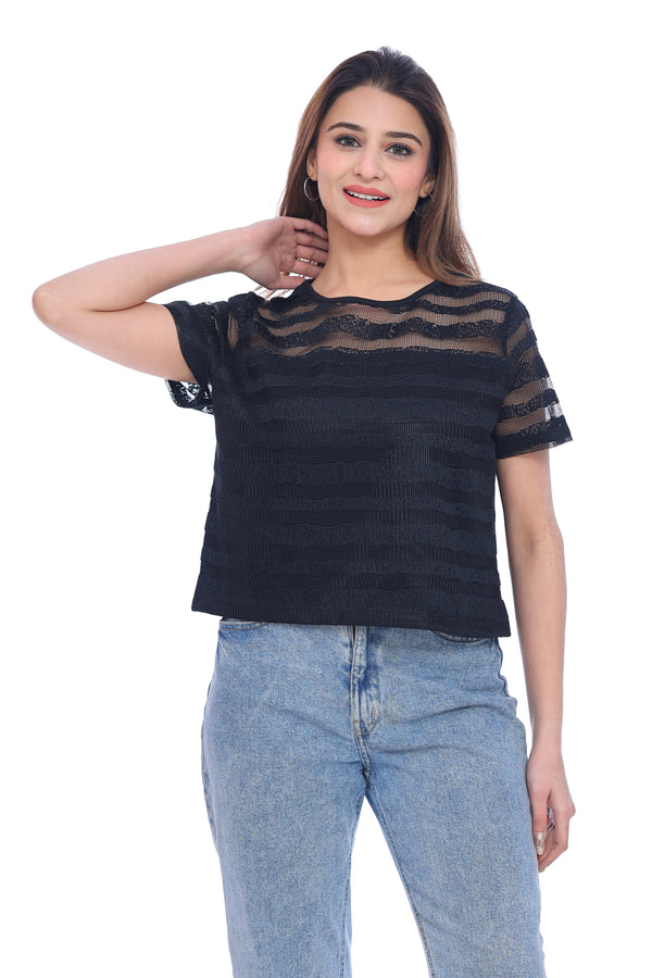 Women's Black Sheer Striped Embellished Top
