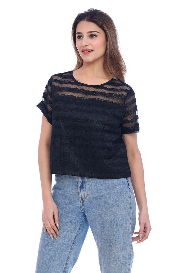 Women's Black Sheer Striped Embellished Top