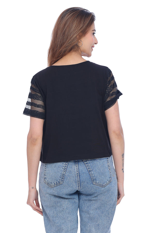 Women's Black Sheer Striped Embellished Top