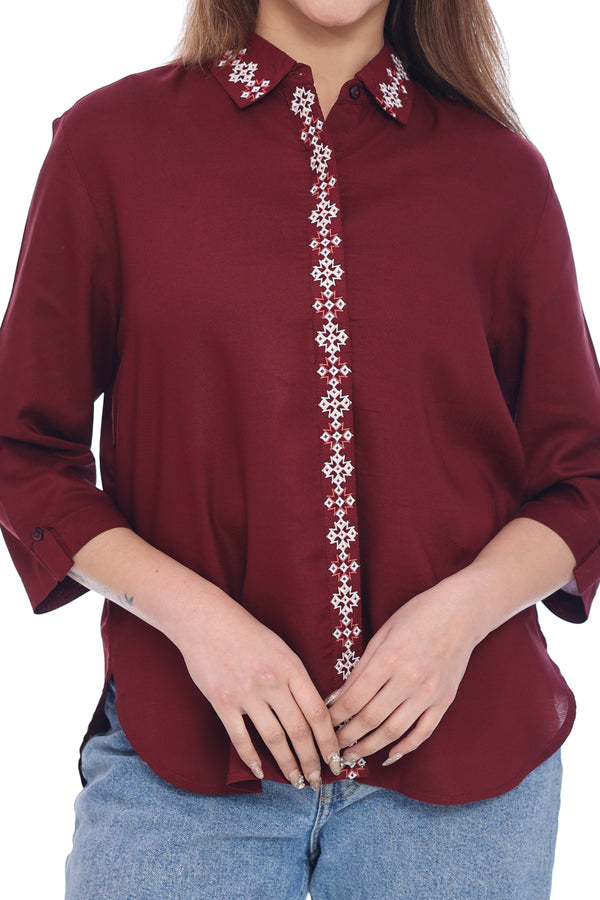 Moda Elementi Wine Red Shirt for Women