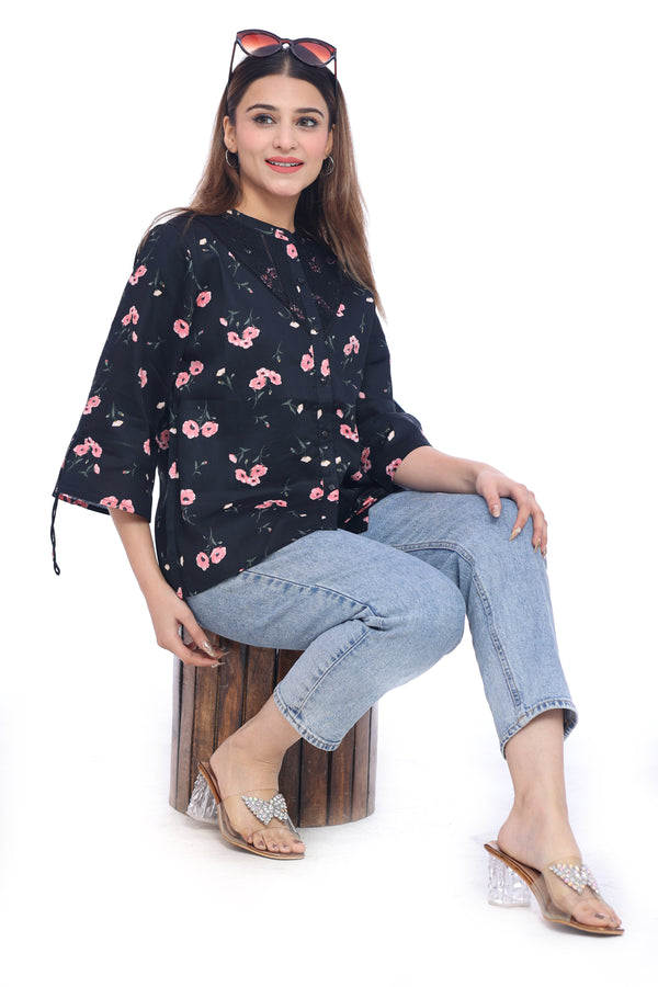 Moda Elementi Black & Pink Woven Top for Women