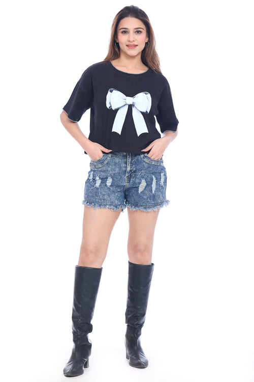 Women's Black Crop Top with White Bow Print