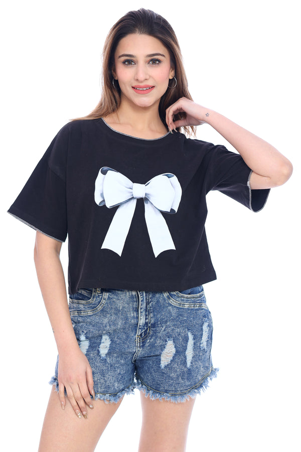 Women's Black Crop Top with White Bow Print