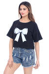 Women's Black Crop Top with White Bow Print