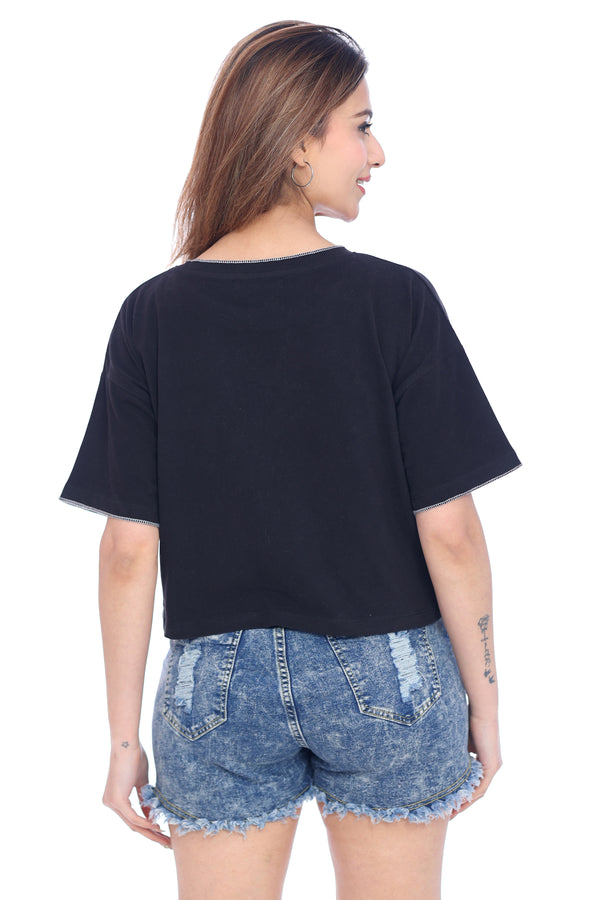 Women's Black Crop Top with White Bow Print
