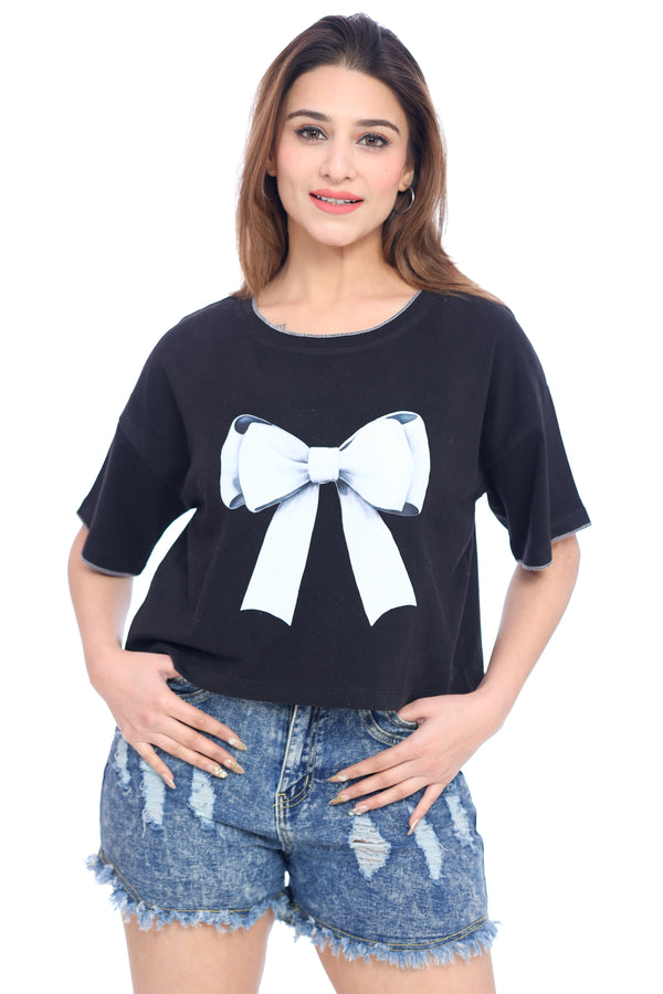 Women's Black Crop Top with White Bow Print