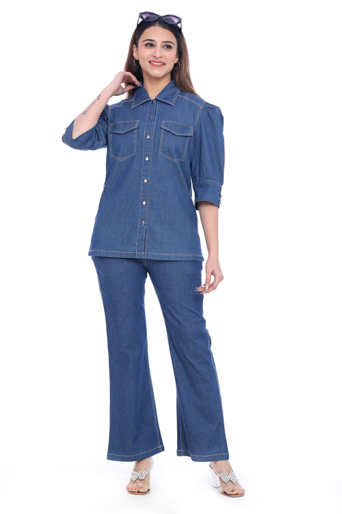 Women's Denim Co-Ord Set – Shirt & Flared Pants