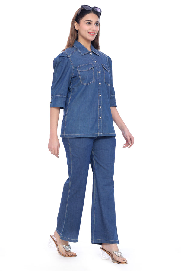 Women's Denim Co-Ord Set – Shirt & Flared Pants
