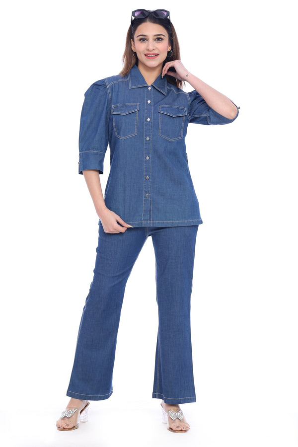Women's Denim Co-Ord Set – Shirt & Flared Pants