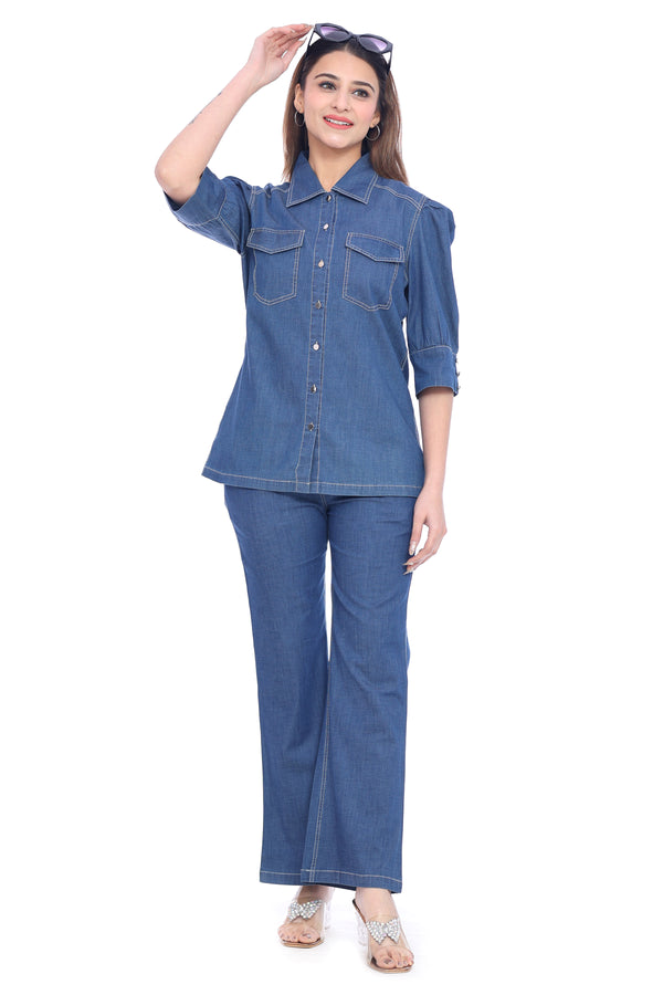Women's Denim Co-Ord Set – Shirt & Flared Pants