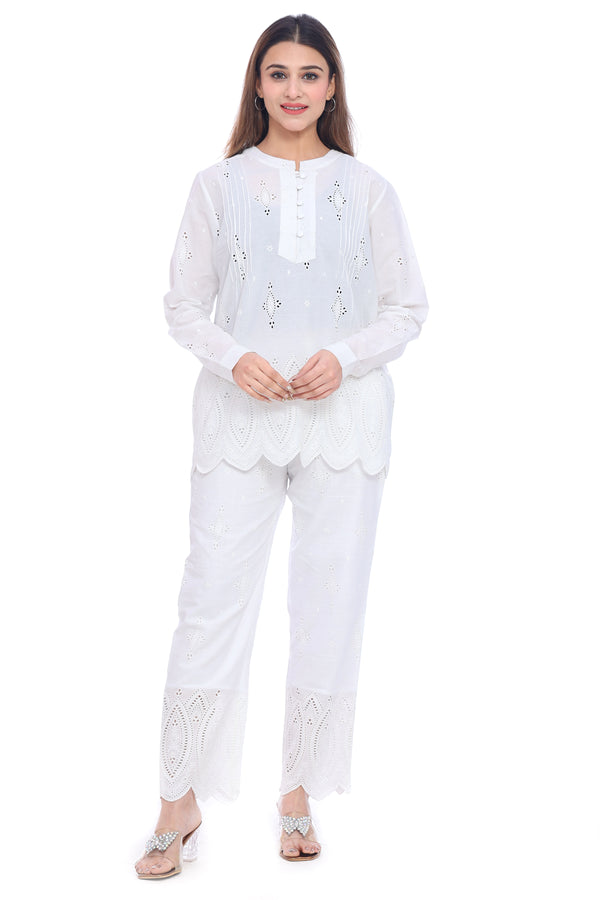 Moda Elementi Cotton Chikankari Kurta Set - White