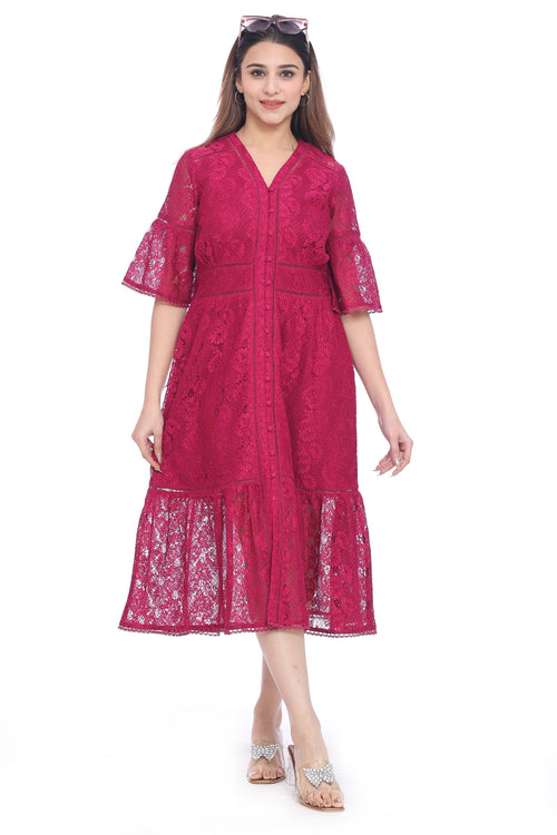Women's Wine Red Lace A-Line Midi Dress