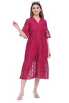 Women's Wine Red Lace A-Line Midi Dress