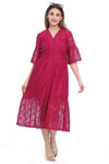 Women's Wine Red Lace A-Line Midi Dress