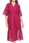Women's Wine Red Lace A-Line Midi Dress