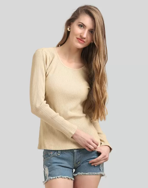 Casual Regular Sleeves Solid Women Beige Rib Top