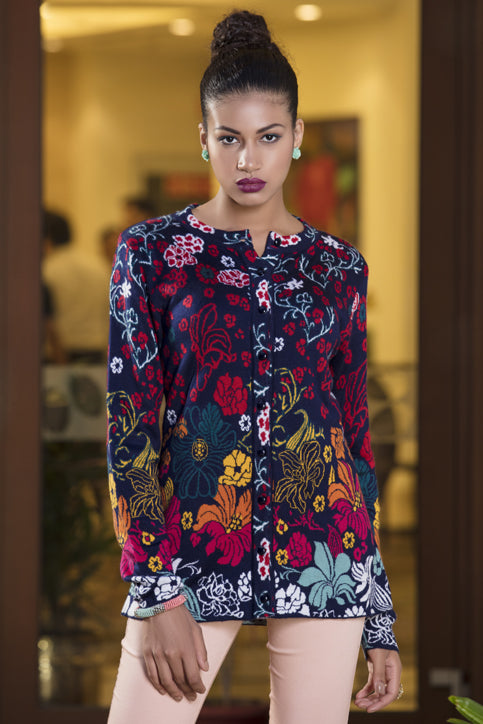 Floral Sky Jacquard Buttoned Cardigan - MODA ELEMENTI