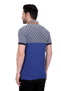 Polka Print Men Mandarin Collar Blue T-Shirt