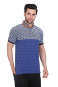 Polka Print Men Mandarin Collar Blue T-Shirt
