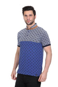 Polka Print Men Mandarin Collar Blue T-Shirt