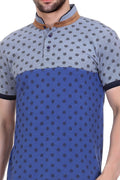 Polka Print Men Mandarin Collar Blue T-Shirt