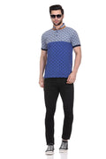 Polka Print Men Mandarin Collar Blue T-Shirt