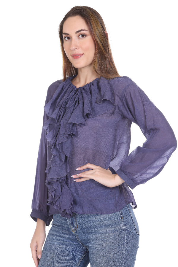 Blue Solid Polyster Regular long sleeves Top