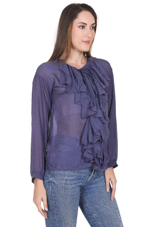 Blue Solid Polyster Regular long sleeves Top