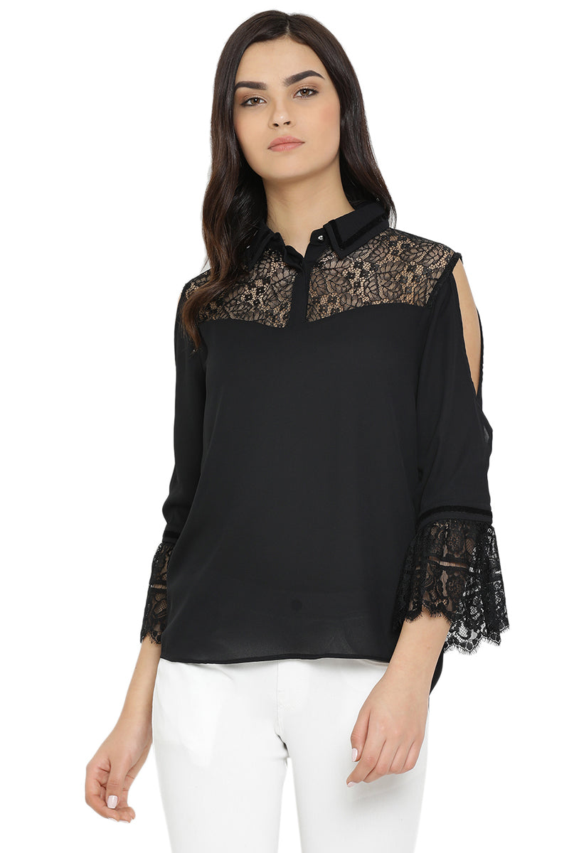 Solid Black Lace Casual Top
