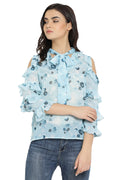 Flower art Sleeve Top_Tie Neck Top