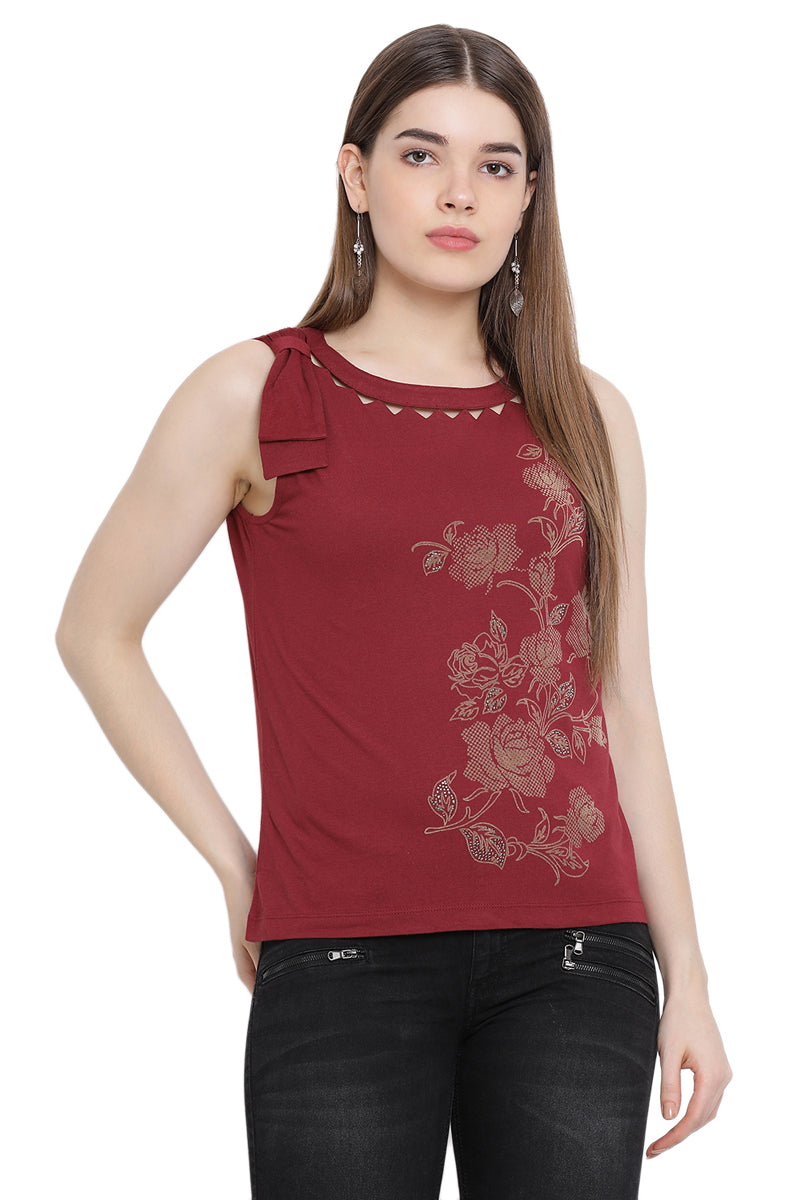 Neck Cut Out Casual Printed Top