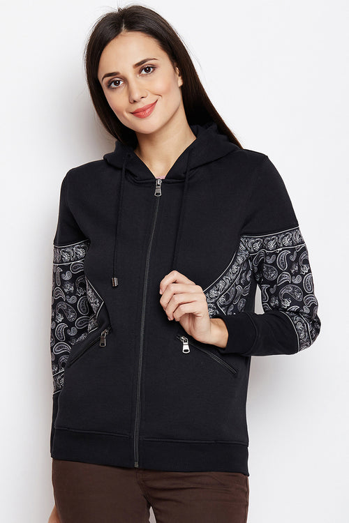 Black Paisley Zipper Hood Sweatshirt