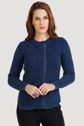 Solid Denim Front Zipper Cardigan - MODA ELEMENTI