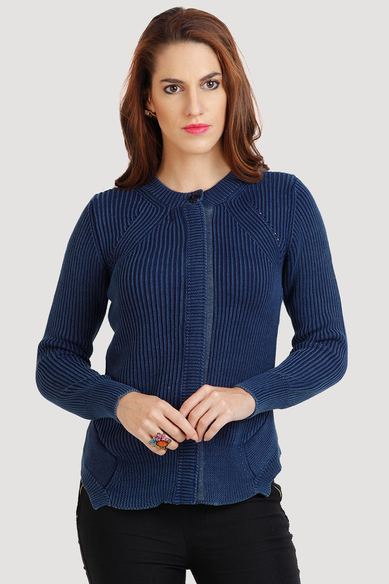 Solid Denim Front Zipper Cardigan - MODA ELEMENTI