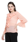 Ruffled Bell Sleeve Buttoned Top