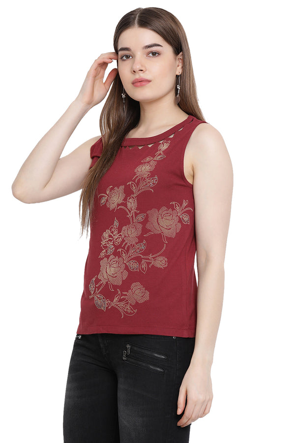 Neck Cut Out Casual Printed Top