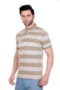 Striped Men Mandarin Collar Grey T-Shirt