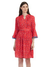 Pleated Flower Printed Medium Length Dress